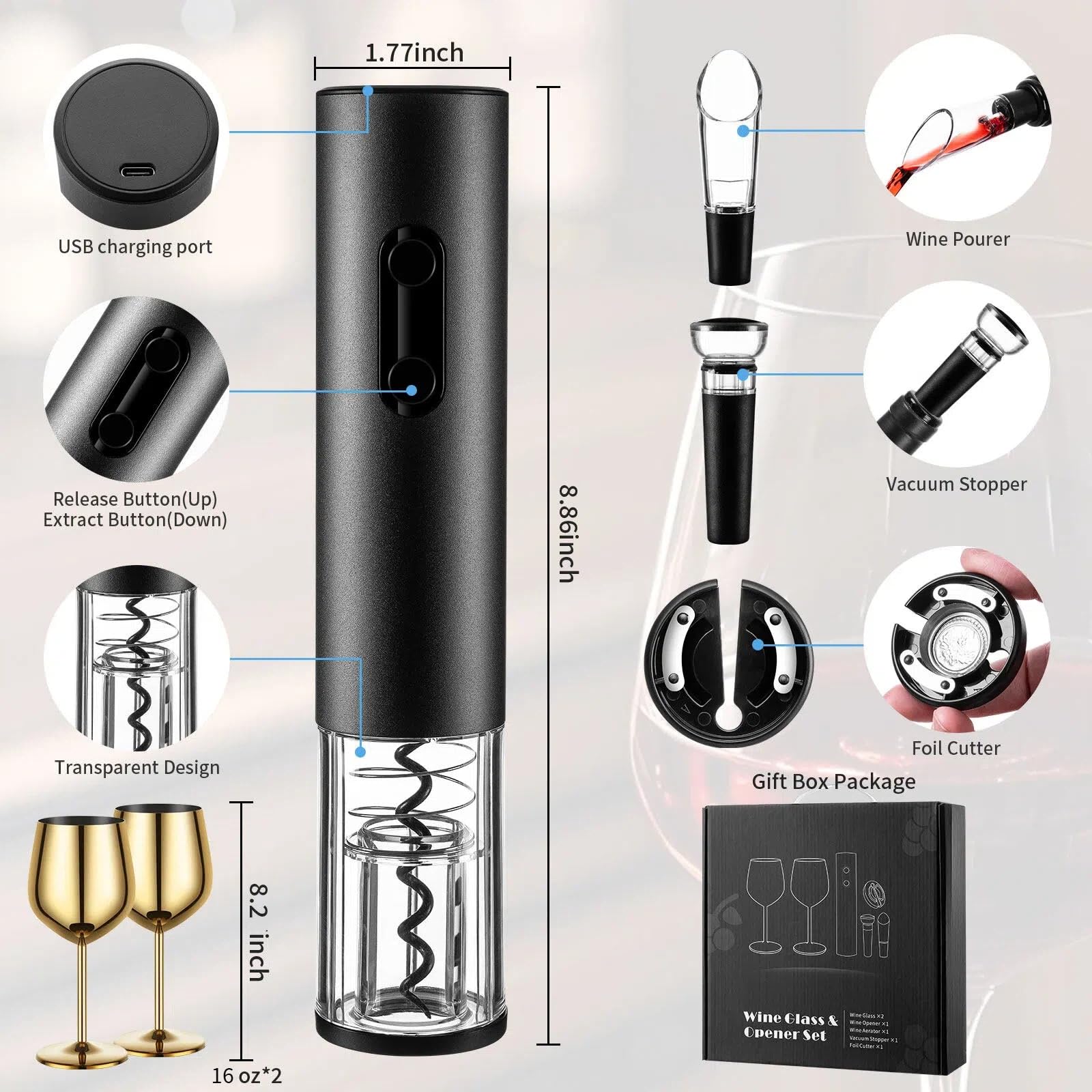 MegaTrend Abridor de vino eléctrico recargable, juego de sacacorchos automático, incluye copa de vino dorada de 2, copa de acero inoxidable, regalo ideal para bodas, cumpleaños, niñas, hombres