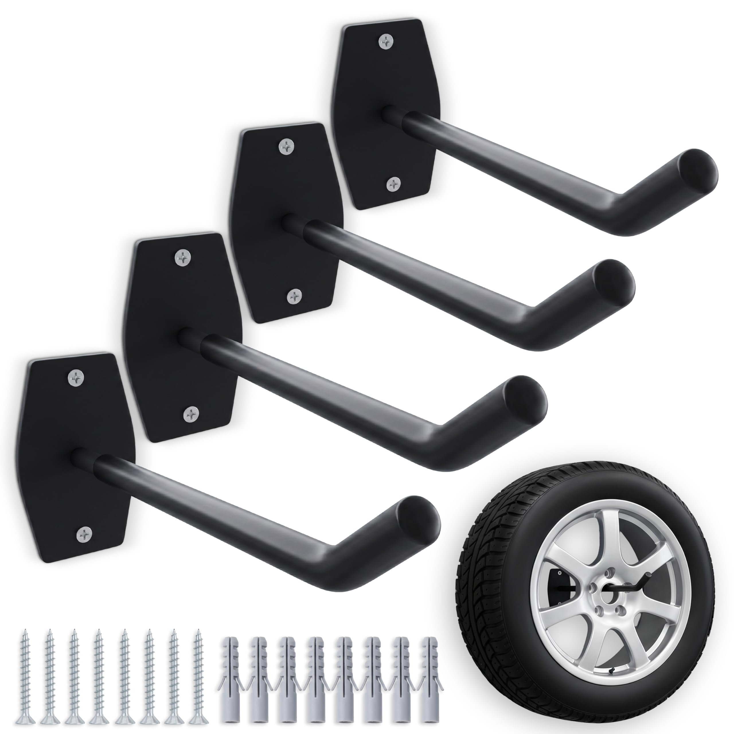 NEOLYMP Autoreifen Wandhalterung 4er Set - Platzsparende Reifenlagerung in der Garage - gehärteter Stahl, gummiert, bis 40kg pro Wandhalter - inkl. Fischer Dübel - Reifenhalter Wandhalterung