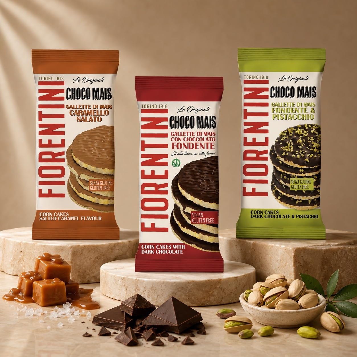 Gallette Assortite Personalizzabili per Fiorentini - 6 Confezioni a Scelta tra Mais, Riso e Super Protein - Gusti Cioccolato Fondente, Pistacchio, Caramello Salato, Latte, Arancia, Fragola, Mirtillo
