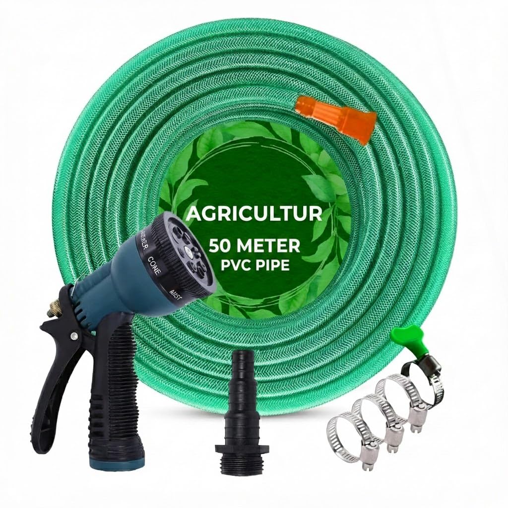 50 Meter 0.5 inch Heavy Duty Braided PVC Garden Hose Pipe with 8 Mode Spray Gun, Tap Adapter & 3 Clamps, Water Pipe for Garden, Car Washing, Garden Pipe for Home Green) (50 Meters)-image-9