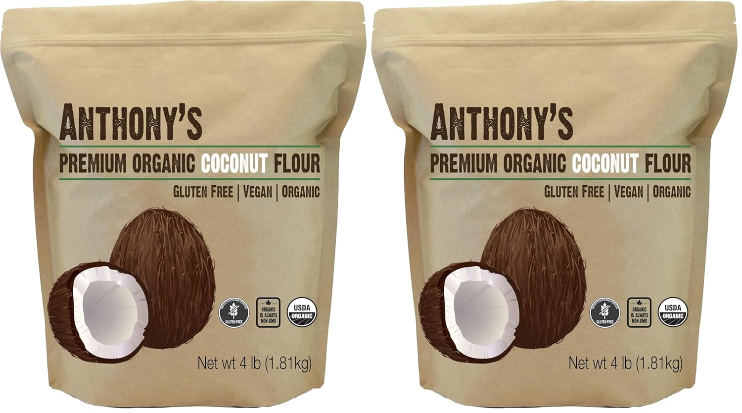 Anthony's Organic Coconut Flour, 4 lb, Batch Tested Gluten Free, Non GMO, Vegan, Keto Friendly (Pack of 2)