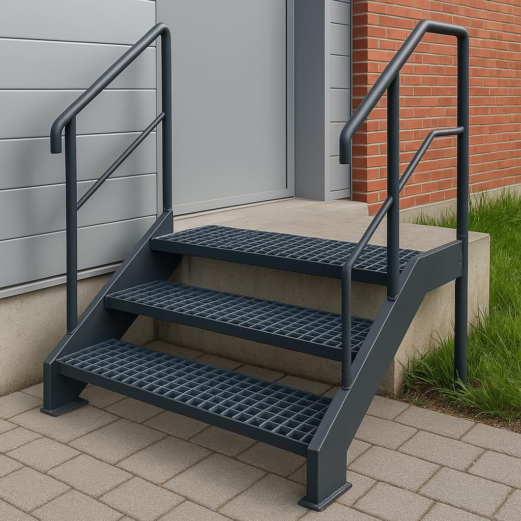 F&R Metallstufe 800x240 mm anthrazit RAL 7016 I Gitterroststufen Treppenstufen Metall 30/2 34x38 I korrosionsbeständig & robust I Metalltreppen für außen