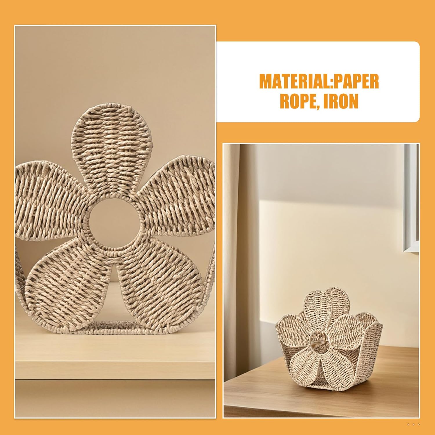 BETOOKY Magazine Basket, Handwoven Paper Rope Storage Bin & Organizer for Files, Books, Newspapers, Documents, Decorative Boho Flower Shaped Storage Bin for Office, Dorm
