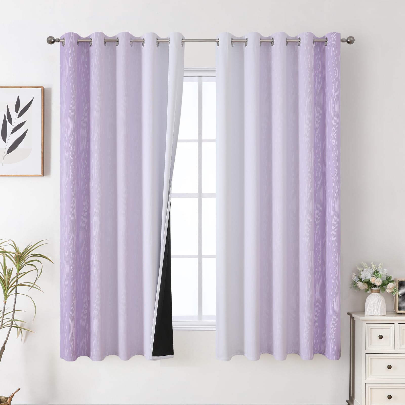 Lilac and Greyish White Ombre Blackout Curtains for Bedroom 63 Inch Long