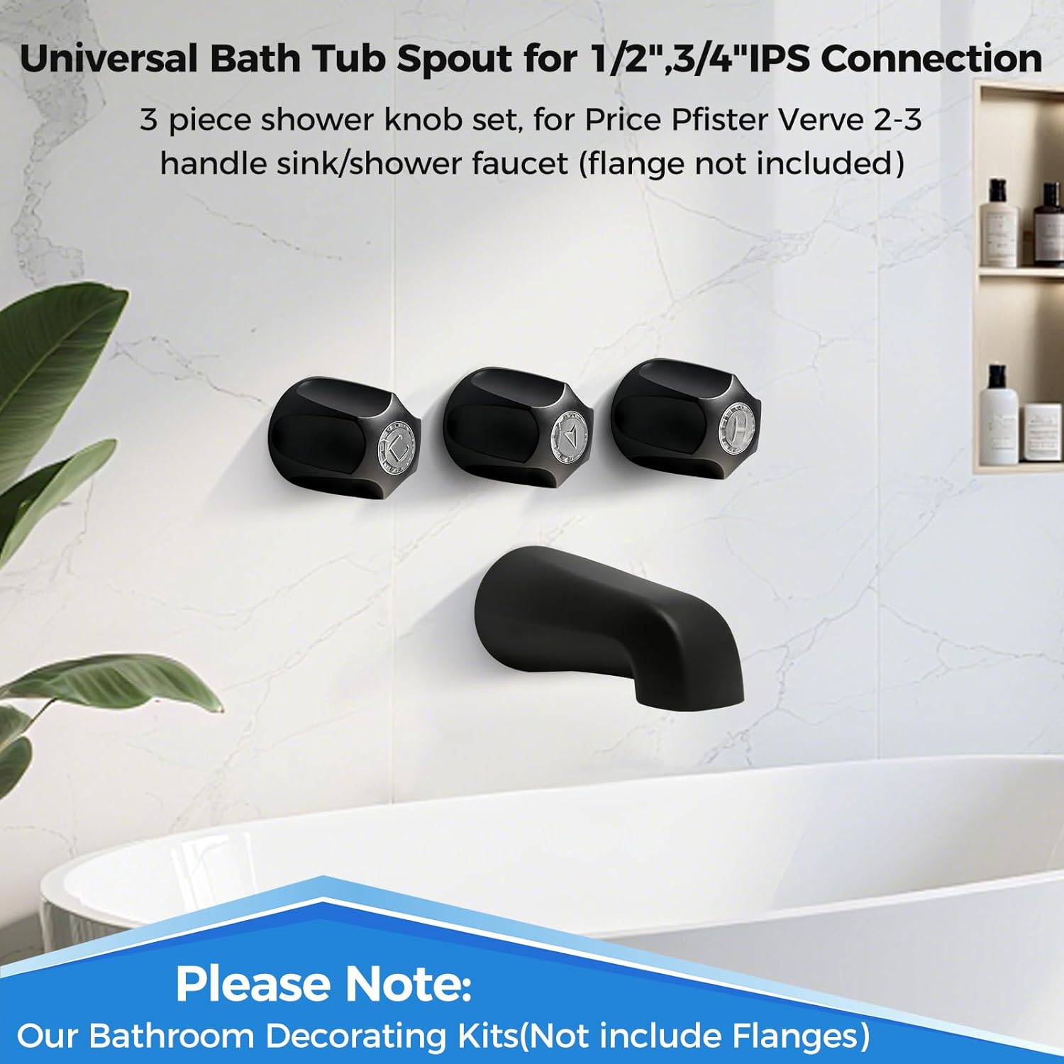 Shower Knobs 3 Piece Replacement，Black Shower Knobs, for Price/Pfister Verve bathtub faucet handles, for 1/2-inch external threads and 3/4-inch IPS internal threads