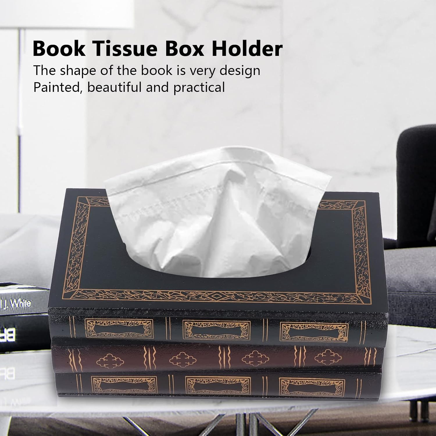 Book Tissue Box Holder, Large Opening Rectangular Tissue Box Cover with Realistic Book Design, MDF Paper Napkin Dispenser for Home Office Restaurant Desk Decoration