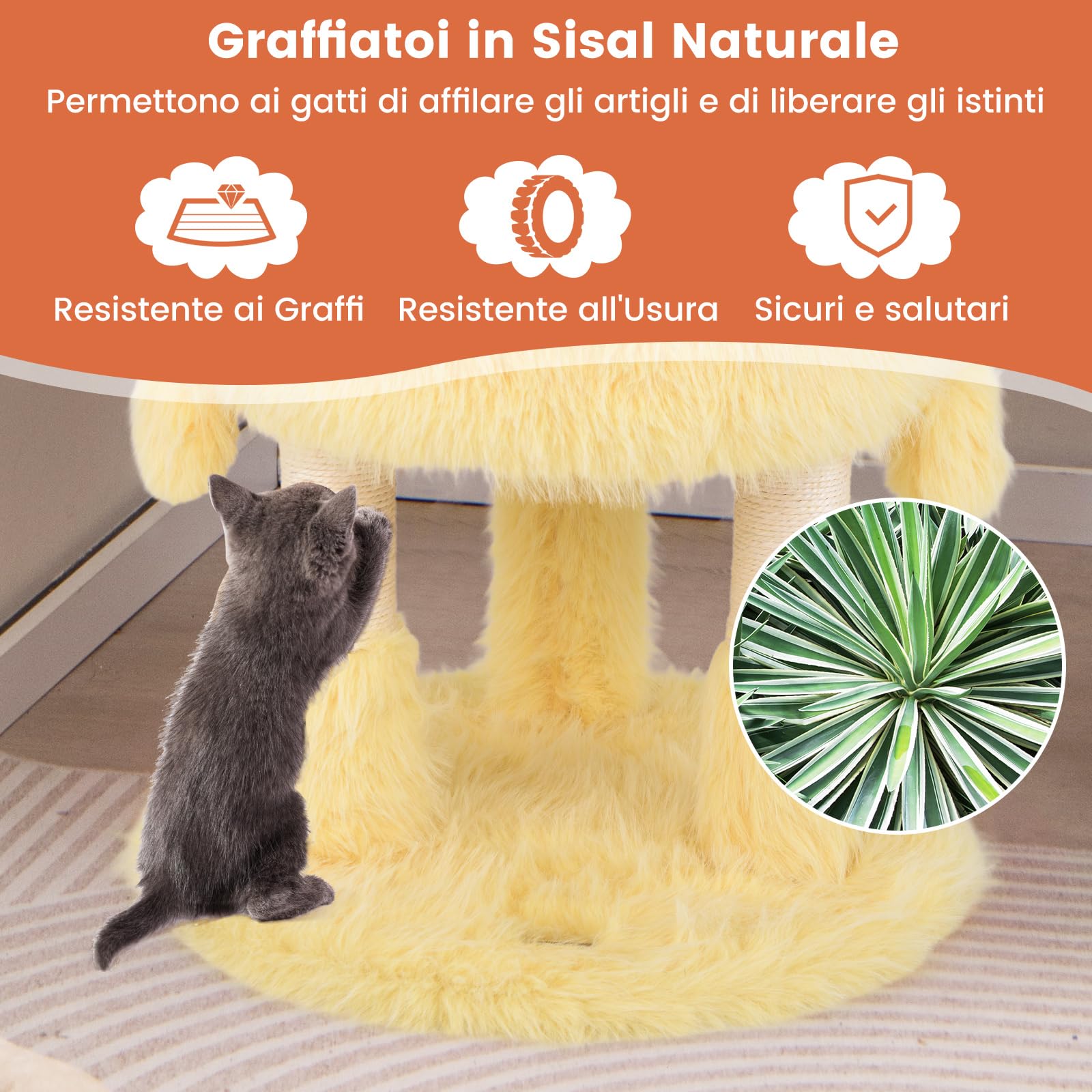 COSTWAY Tiragraffi per Gatti 93 cm, Torre di Gatti a Tema Mostro, Piuma Morbida e Lunga, Palo per Graffio in Sisal e Giocattoli Pendenti, Centro Attività per Gattini a 3 Livelli