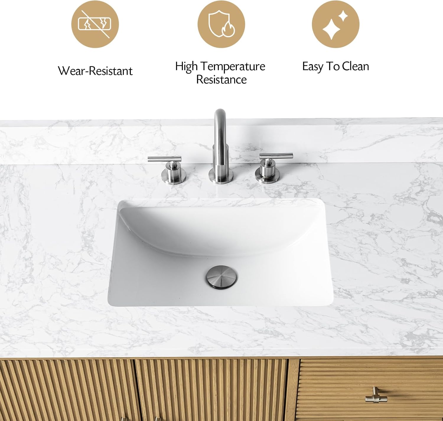 Vanity Art 42" Bathroom Vanity with Single Sink & Arabescato White Engineered Stone Top, Vanity Cabinet with Soft Closing Door, Solid Wood Frame, Brushed Nickel Handles, Natural Oak VA8142-NO-BN