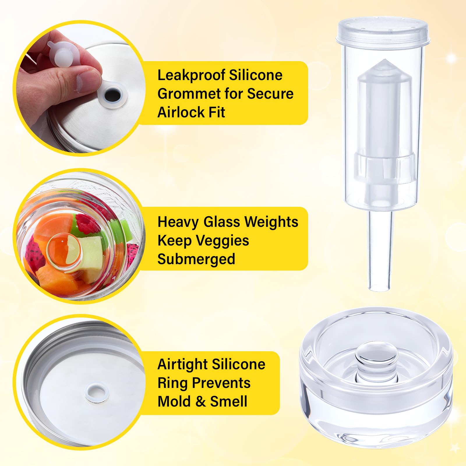 8-teiliges Fermentationsset für Einmachgläser mit breiter Öffnung, Sauerkraut-Set mit 8 Luftschlössern, 8 Gärdeckeln, 8 Glasgewichten, 8 Silikonringen und Ösen (Gläser nicht im Lieferumfang
