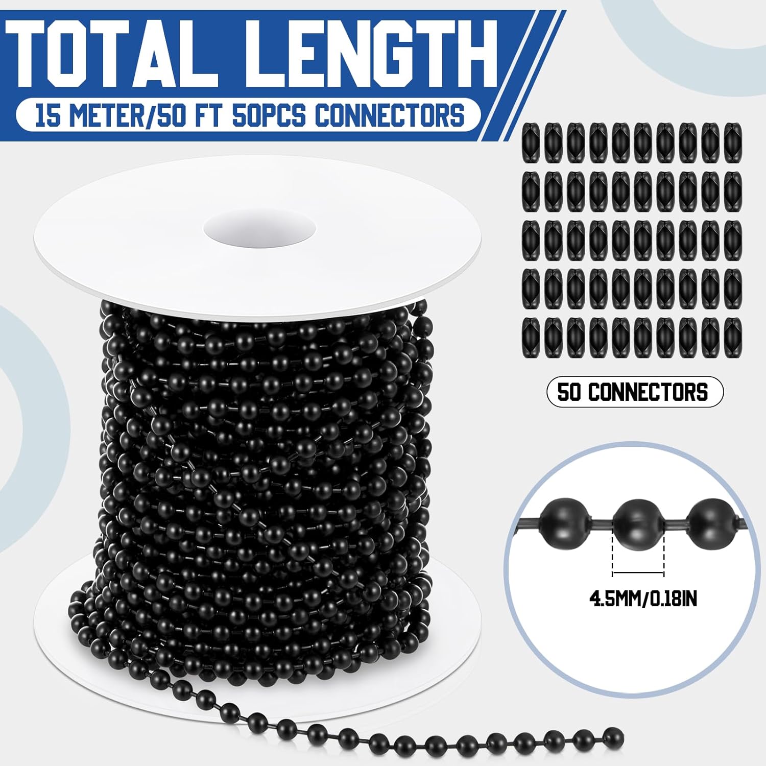 Yaocom 50ft 4.5mm Ball Beaded Chain with 50 Connectors for Roller Shade &Vertical Window Blinds, Dog Tag Chain, Jewelry Making/Crafts & DIY Projects (Black)