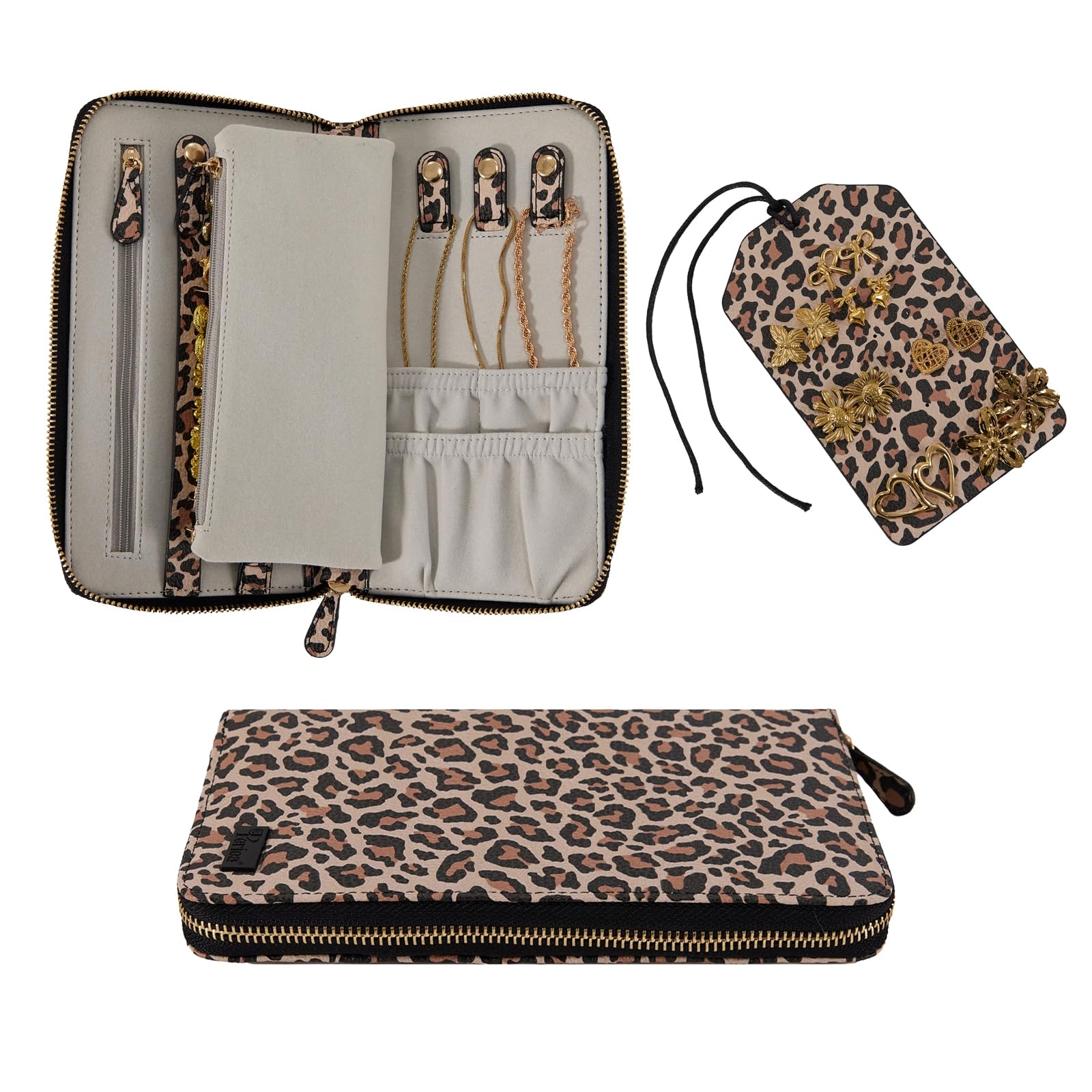 Periea Ruby Luxury Jewellery Travel Case – Compact Travel Jewellery Organiser with Anti-Tarnish Lining for Earrings, Rings & Necklaces (Gold Leopard)