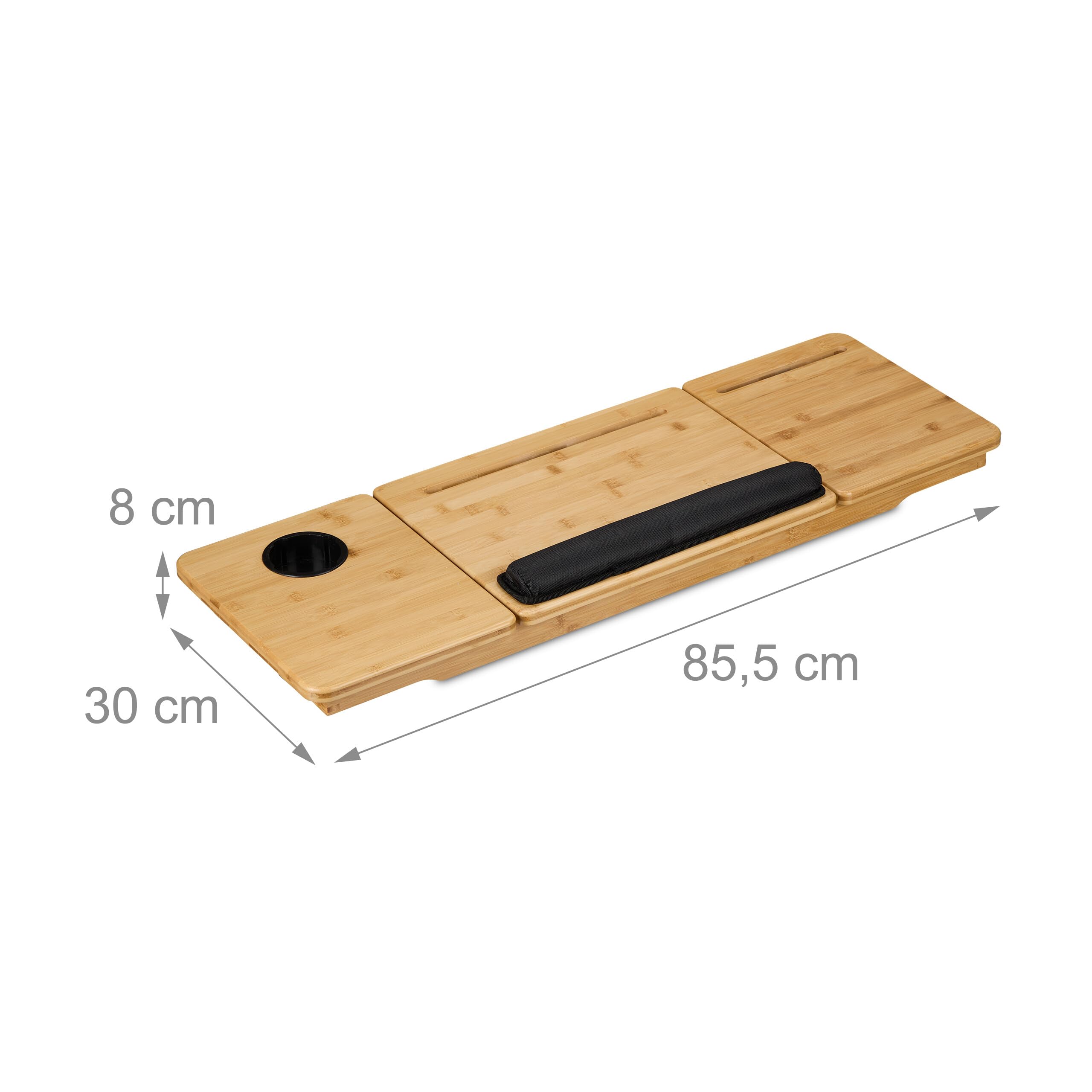 Relaxdays Bandeja Cinta de Correr, Inclinable, Bandas de Seguridad, Soporte Móvil y Bebidas, Bambú, Escritorio, Natural, Gomaespuma, Nailon, 8 x 85,5 x 30 cm
