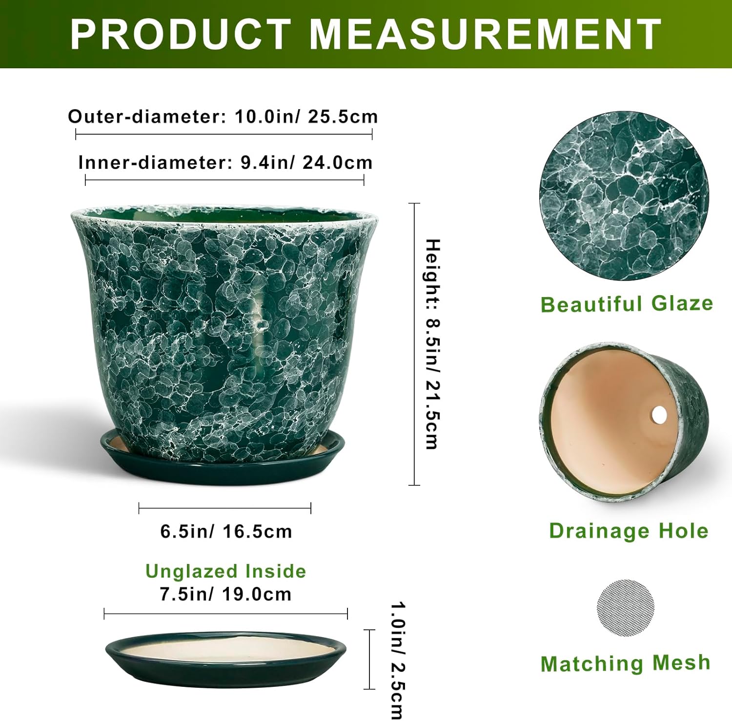 Ceramic Plant Pots - 10 Inch Plant Pot for Indoor Outdoor, Round Planter with Drainage Hole and Tray, Decorative Flower Pots, Modern Planters, Home Patio Garden Decor, Garden Gifts, Green