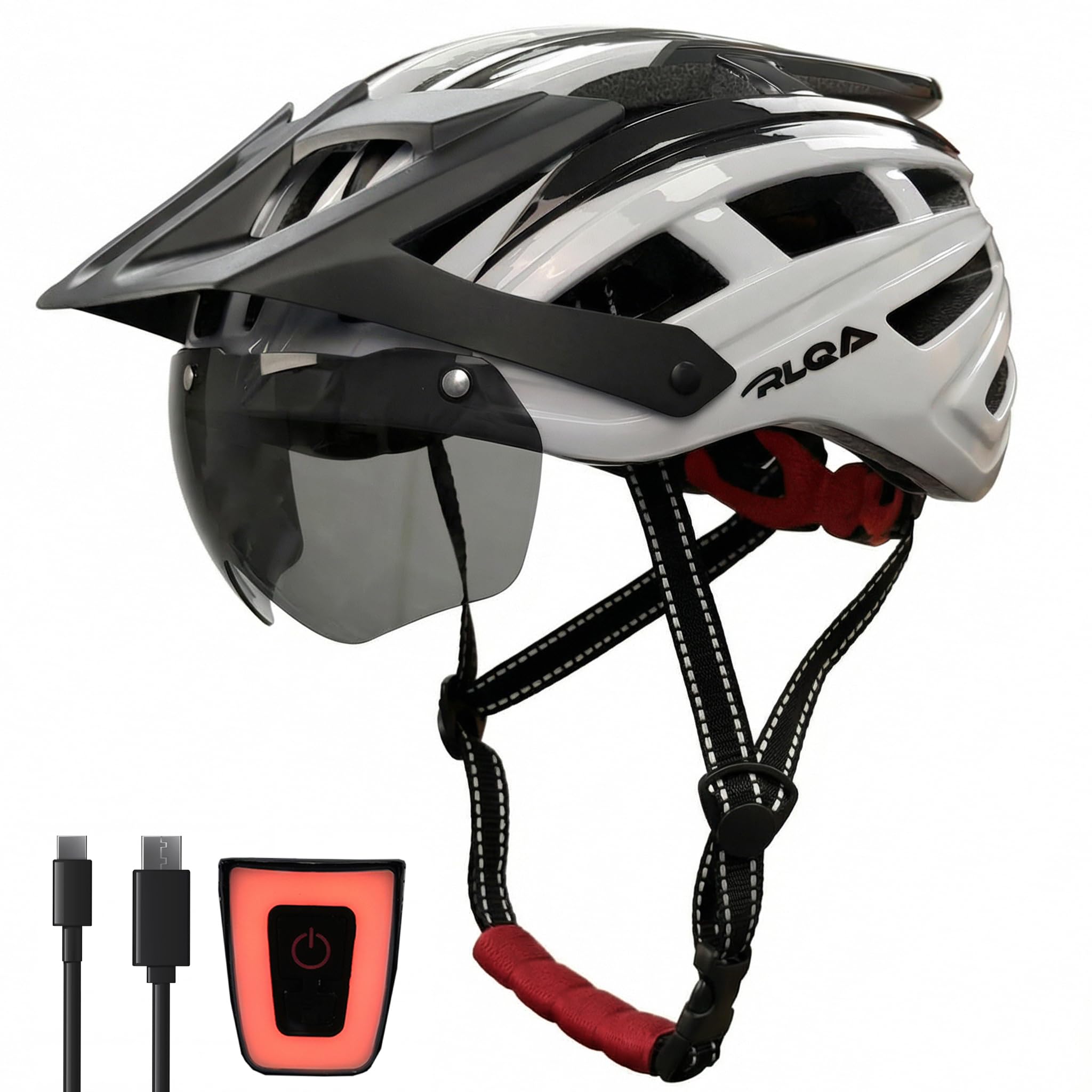 RLQA Fahrradhelm Herren Damen, MTB/Rennrad Helm mit Abnehmbarer Magnetischer Visier & Brille, Radhelm mit 24 Luftungsschlitzea, LED Rucklicht, Reithelm Verstellbare GroBe
