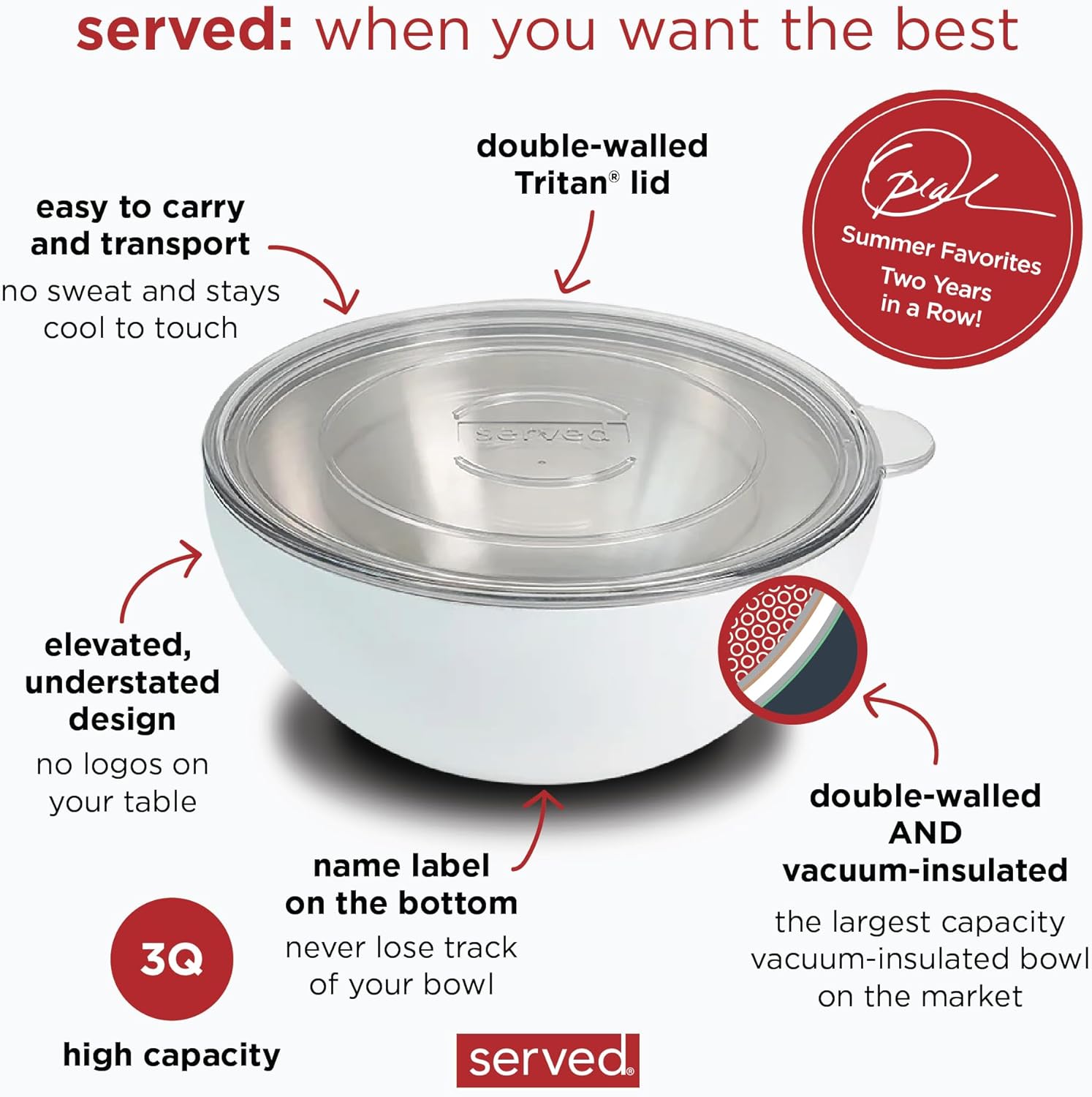 served Large Insulated Serving Bowl with Lid (100oz/3QT) - Double-Walled Stainless Steel Bowl for Hot & Cold Food - Vacuum Insulated, Spill-Resistant Thermal Bowl for Parties, Casseroles, Tailgates