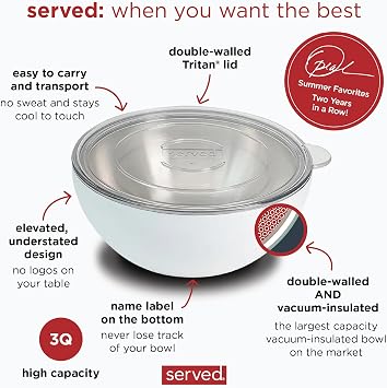 served Large Insulated Serving Bowl with Lid (100oz/3QT) - Double-Walled Stainless Steel Bowl for Hot & Cold Food - Vacuum Insulated, Spill-Resistant Thermal Bowl for Parties, Casseroles, Tailgates