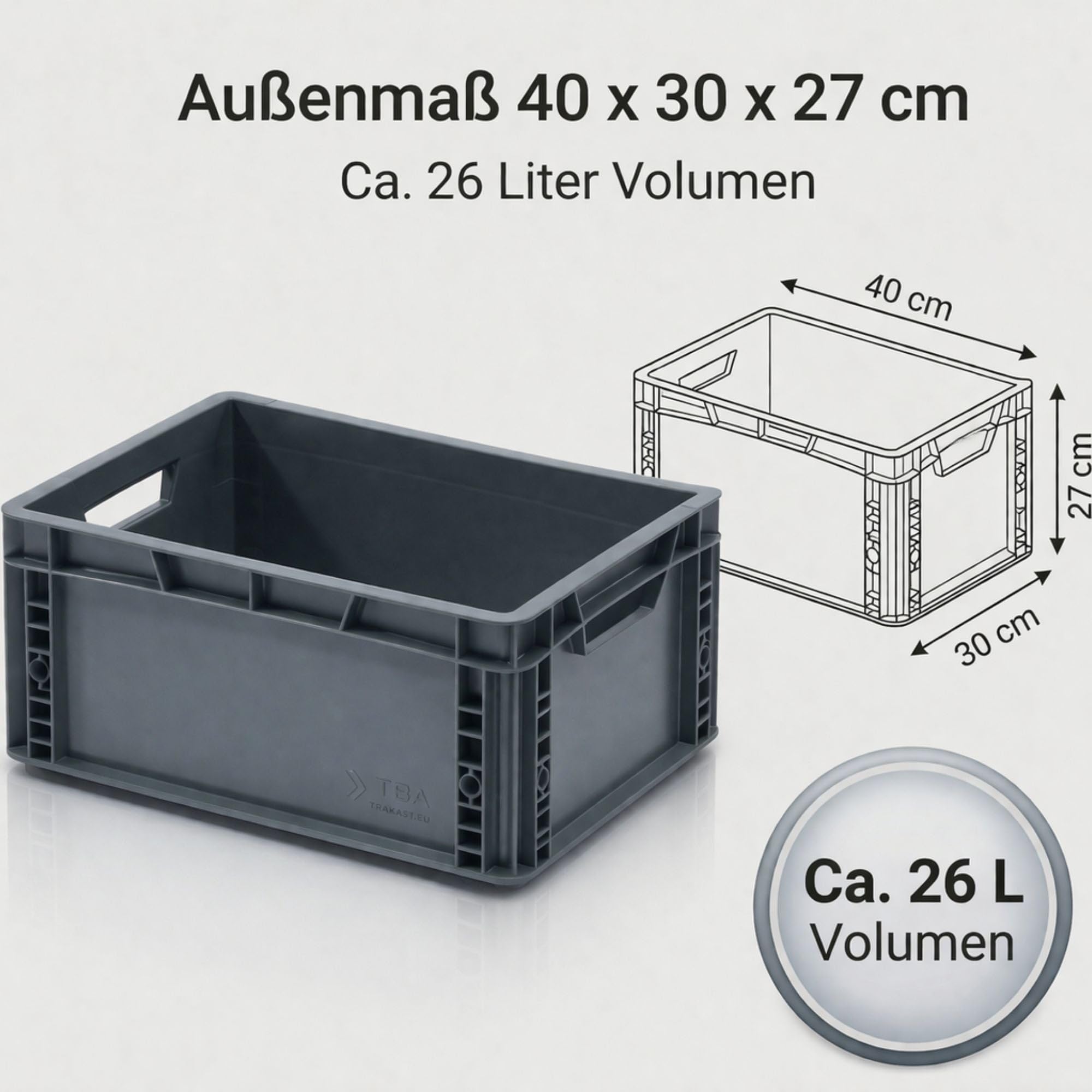 RODOPI 4x Eurobox 40x30x27 cm, stapelbar, graue Transportbox aus PP-Kunststoff, Eurobehälter mit 2 Grifföffnungen, Aufbewahrungsbox für Lager, Werkstatt, Haushalt