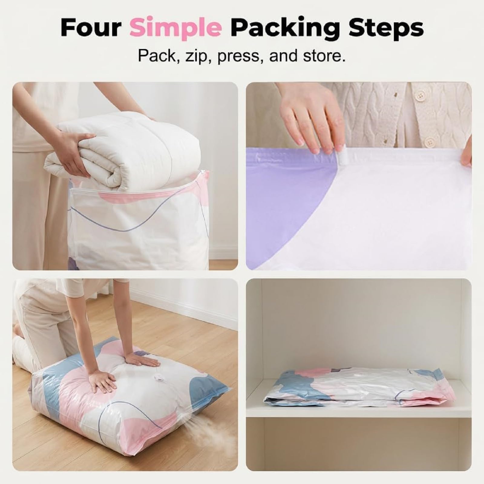 Sacchetti sottovuoto senza pompa, con chiusura a pressione, sacchetti di stoccaggio a compressione, grandi sacchetti sottovuoto, sacchetti sottovuoto per abbigliamento, viaggi, vestiti, biancheria da