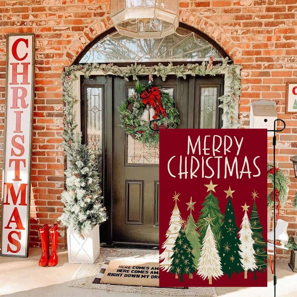 CROWNED BEAUTY Merry Christmas Trees Garden Flag 12x18 Inch Double Sided Small Burlap Holiday Red Yard Decoration for Outside - Image 3