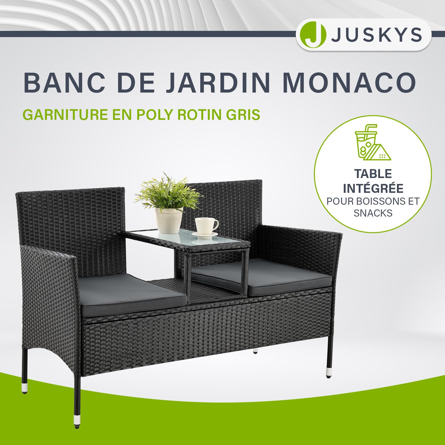 Juskys Banquette de Jardin en polyrotin Monaco - Banc 2 Places avec Table & Coussins - 133 × 63 × 84 cm - rotin résistant aux intempéries, pour Jardins et balcons - Noir