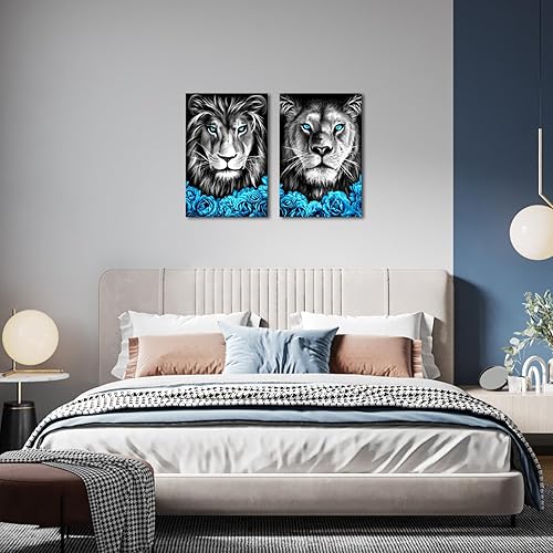 Miniatura 3 de Juego de 2 piezas de lienzo de león y leona, arte para pared, diseño de flores negras y azules, estampado romántico de animales, para dormitorio,