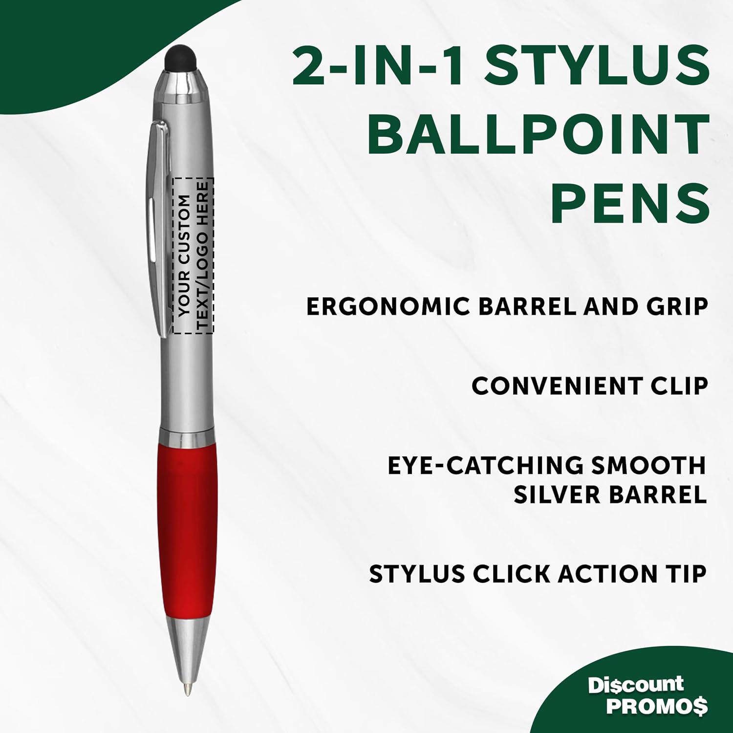 DISCOUNT PROMOS Personalized Stylus Ballpoint Pens with Ergonomic Barrel & Rubber Grip, Set of 10, 50 or 100 Black Ink for Office, Business, Trade Shows Events - Red