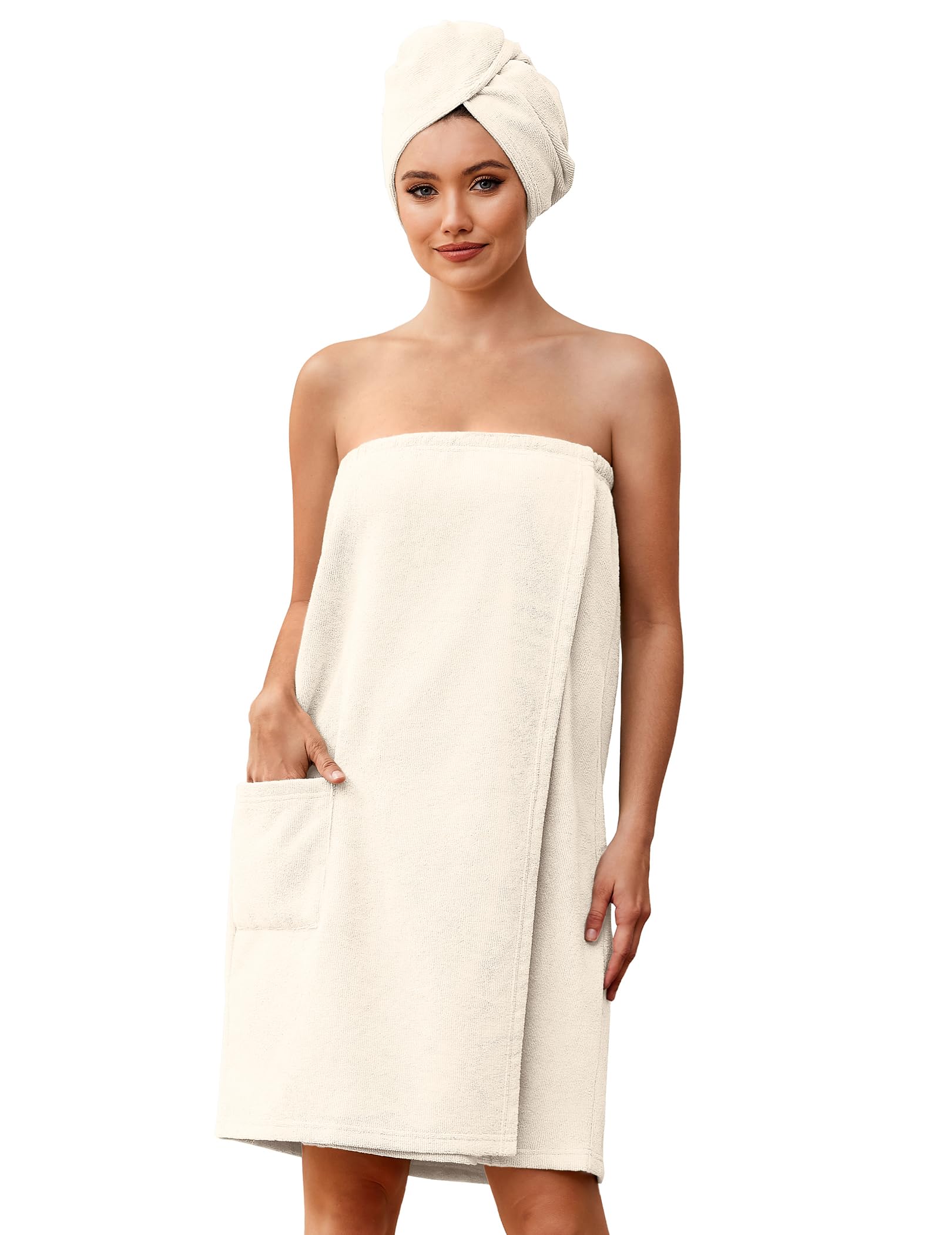 Ekouaer Towel Wrap for Women with Hair Towel Lightweight Knee Length Spa Body Bath Adjustable Closure Bathrobe with