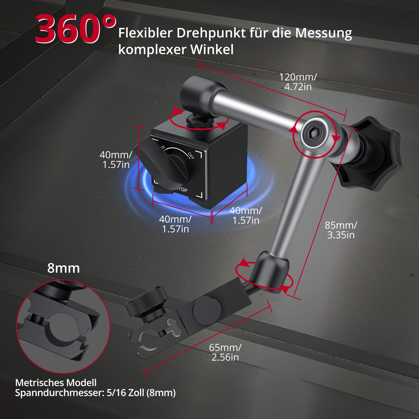 XUNTOP Präzisions Messuhr mit Magnetfuß 0,01mm Genauigkeit, 0-20 mm Messbereich,Mechanische Anzeige,132lbs/60kg, Mit Feineinstellknopf Ideal für Industrieanwendungen