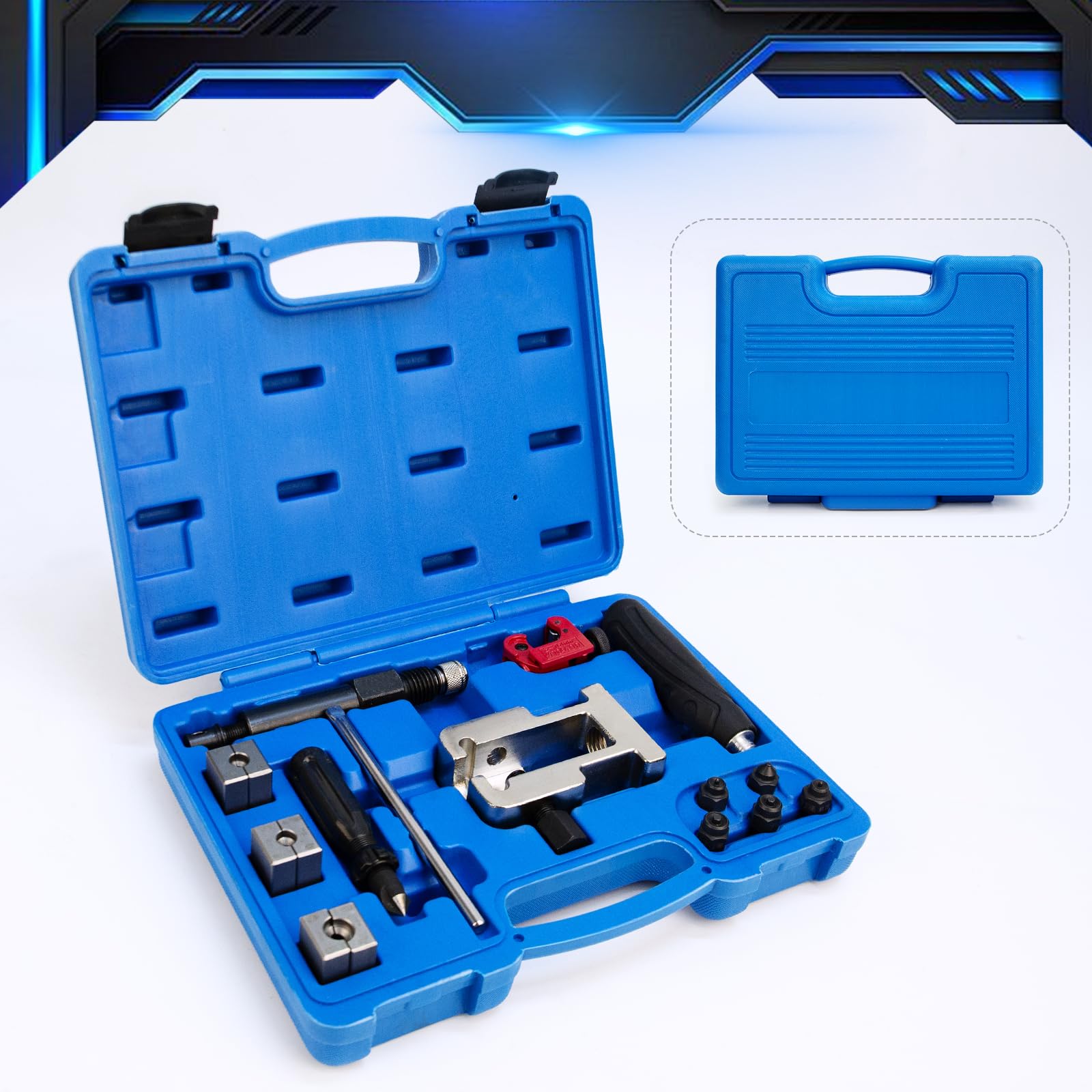 JAOGAUS Outil à Évaser Hydraulique pour Tuyaux de Frein, Kit Mobile d'Évasement pour Évasement Double et Convexe SAE/DIN, avec Coffret de Rangement et 18 Accessoires