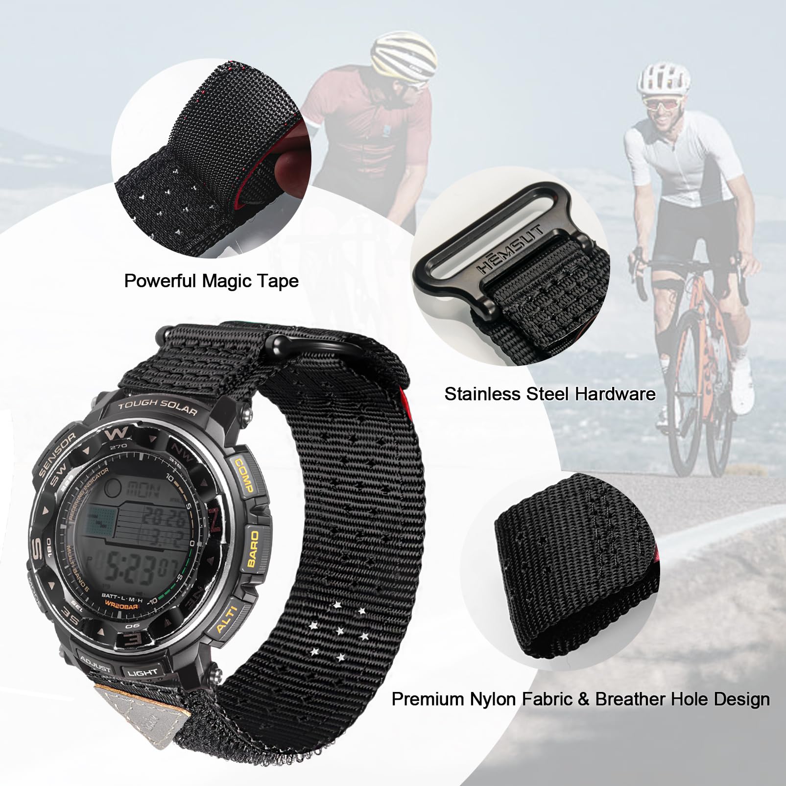 Military Style Watch Strap Compatible with Casio Protrek PRG-200/250/500/260/280/550, PRW-2500/3500/5100/5000/510, Nylon Strap with Breather Holes & Hook and Loop Closure. - 5