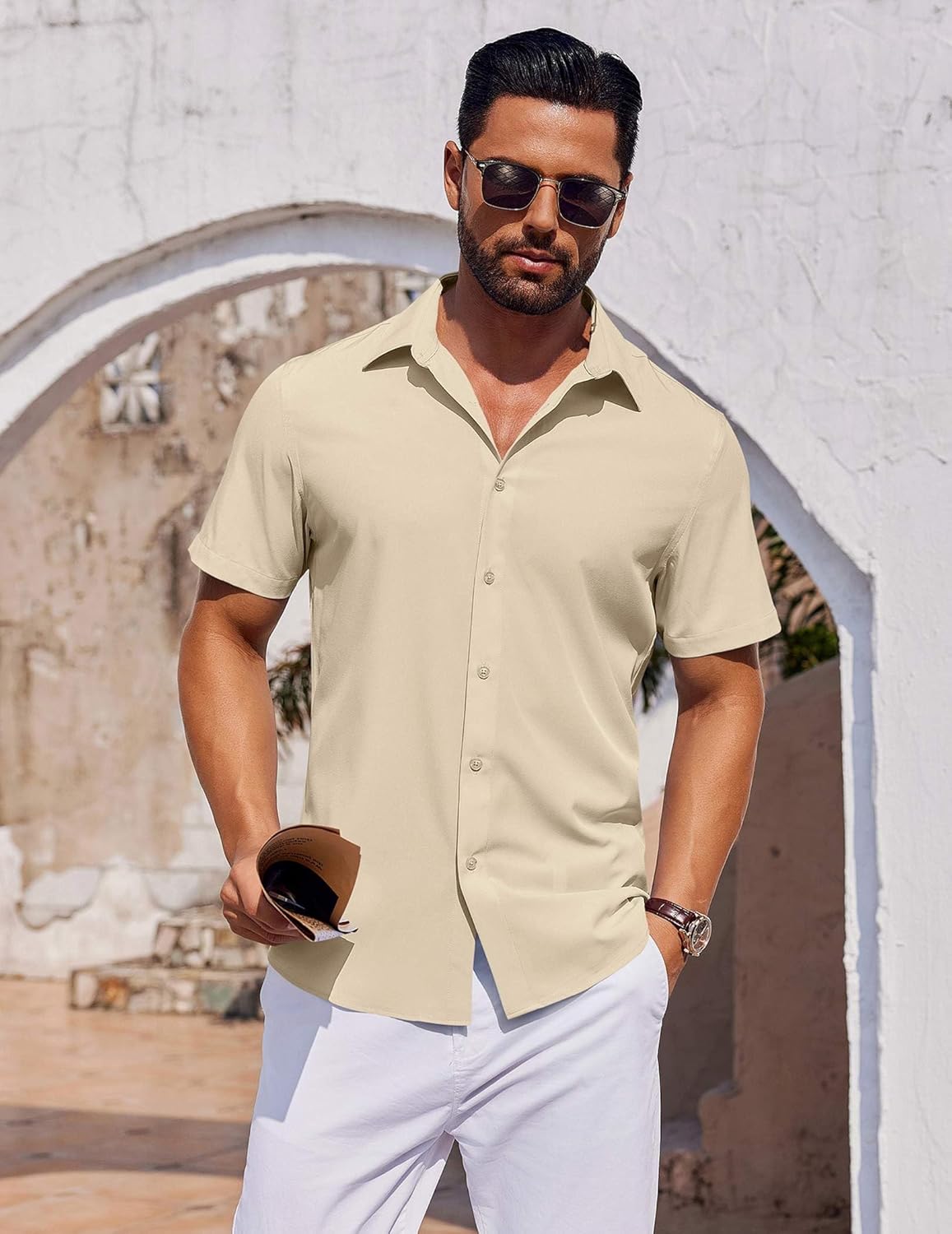 COOFANDY Mens Short Sleeve Button Down Shirts Casual Summer Shirt Untucked Dress Shirts Khaki Small image 4 of 6 B0DKX7FH3Y