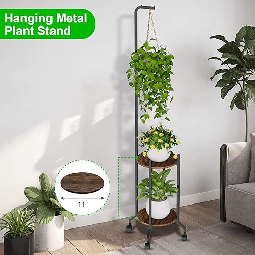 Miniatura 2 de Soporte para plantas de interior, estante alto colgante de 2 niveles con ruedas, soporte de 3 esquinas para flores, soporte de metal para plantas,