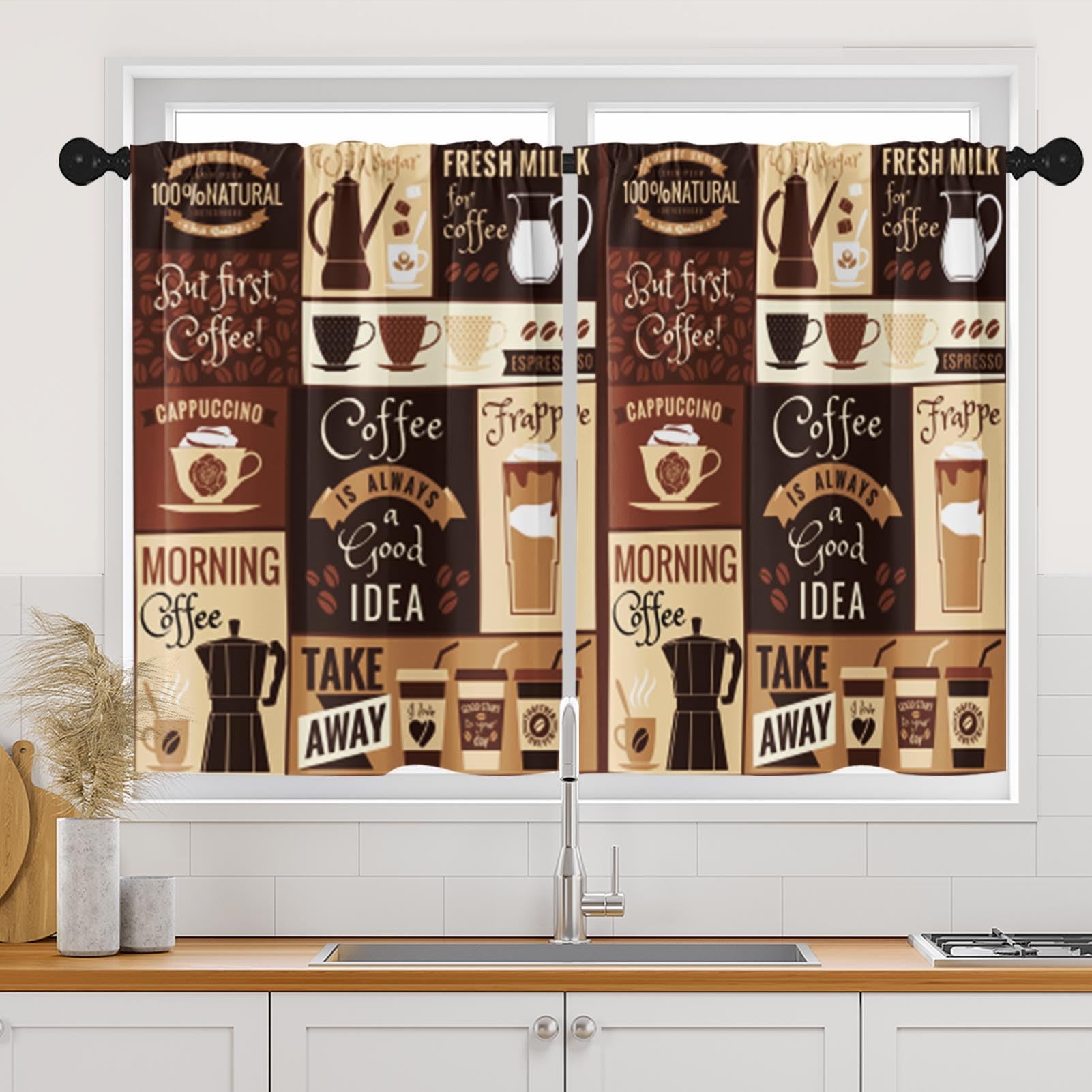 Arttown Coffee Cream Cafe Kitchen Curtains, Leaf Beige Brown Short Window Curtains Set of 2, Window Treatment Tier Curtains for Kitchen Over Sink Dining Room Decor (26x36 Inch)