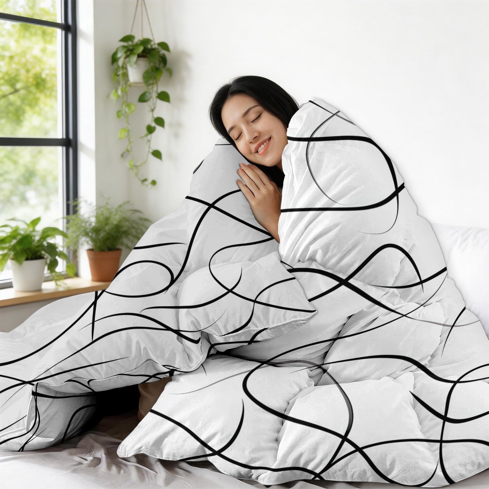 Générique Abstrakcyjna Geometria Labirynt Pikowana Kołdra 4 pory roku 140 x 200 cm Oddychająca i super miękka czarna kołdra hipoalergiczna Kołdra bez dwustronnej poszwy Można prać w pralce