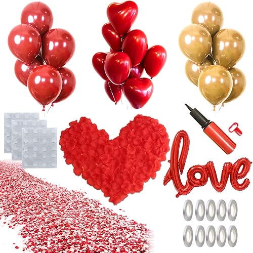 Kit de 50 globos de amor y globos de corazón y 2000 pétalos de rosa de seda de 42 pulgadas, globos dorados con texto "I Love You", kit de decoración
