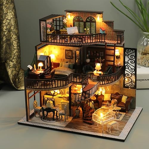 Miniatura 2 de WonDerfulC Casa de muñecas ensamblada de bricolaje, casa de muñecas en miniatura en 3D, kit de juguetes con movimiento musical y a prueba de polvo a