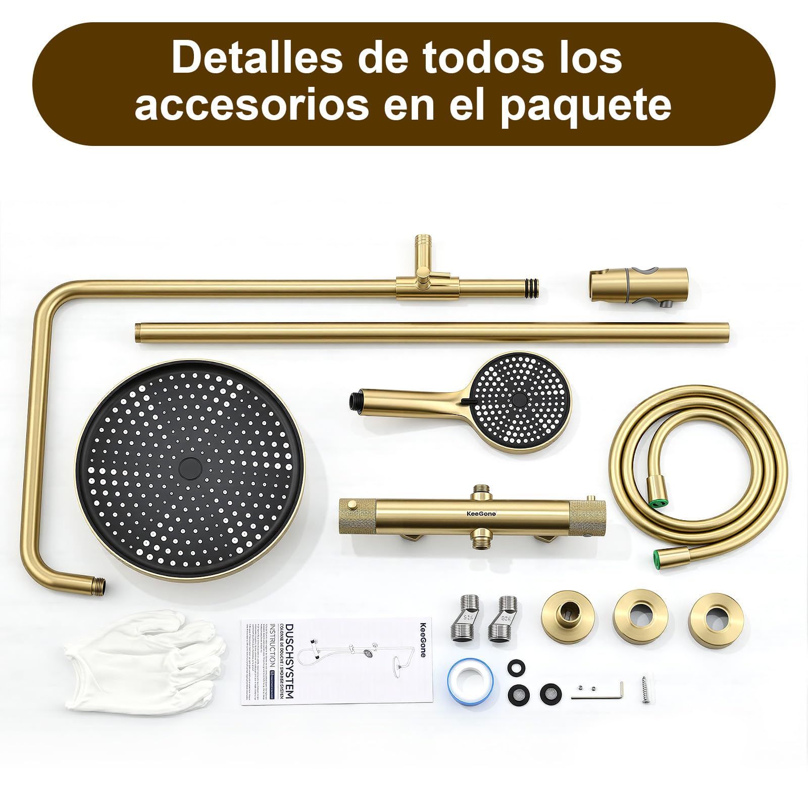 Sistema de ducha completo con termostato para rociador de lluvia de 25 cm y teleducha de 3 chorros Termostato con mando giratorio antideslizante y protección antiescaldaduras