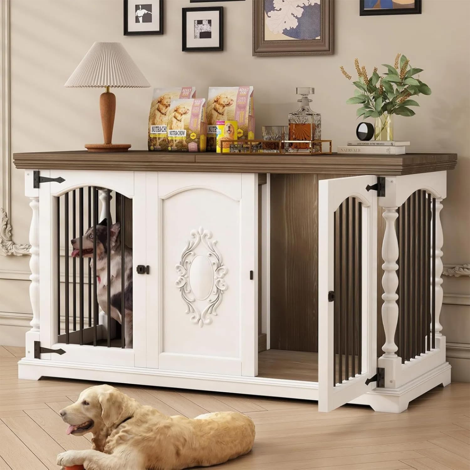 62" Large Wooden Dog Crate Furniture for 1 or 2 Dogs, Heavy Duty Single/Double Dog Kennel Indoor with Divider, Hand-Carved Decorative Dog House Cage TV Stand Side Table for Small Medium Large Dogs