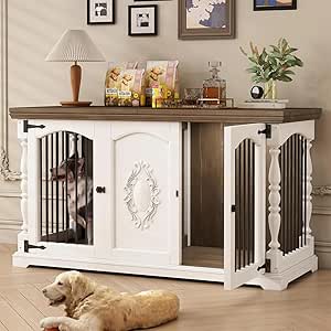 62-Inch Large Wooden Dog Crate Furniture with Divider, Hand-Carved Decorative Dog House Cage, Indoor Heavy Duty Kennel for Small to Large Dogs