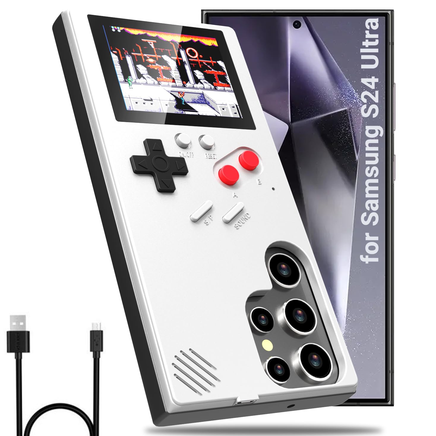Compatible with Phone Case Samsung Galaxy S24 Ultra, Handheld Retro Game Console Phone Case,Playable 36 Video Games Protective Case (White, for Samsung S24 Ultra)