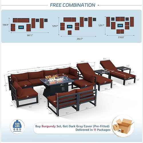 Miniatura 419 de NICESOUL 7 Piece White Powder-Coated Aluminum Patio Furniture with Fire Pit Table, 29 Inch Extra Wide Outdoor Sectional Sofa for 6, High-End Heavy