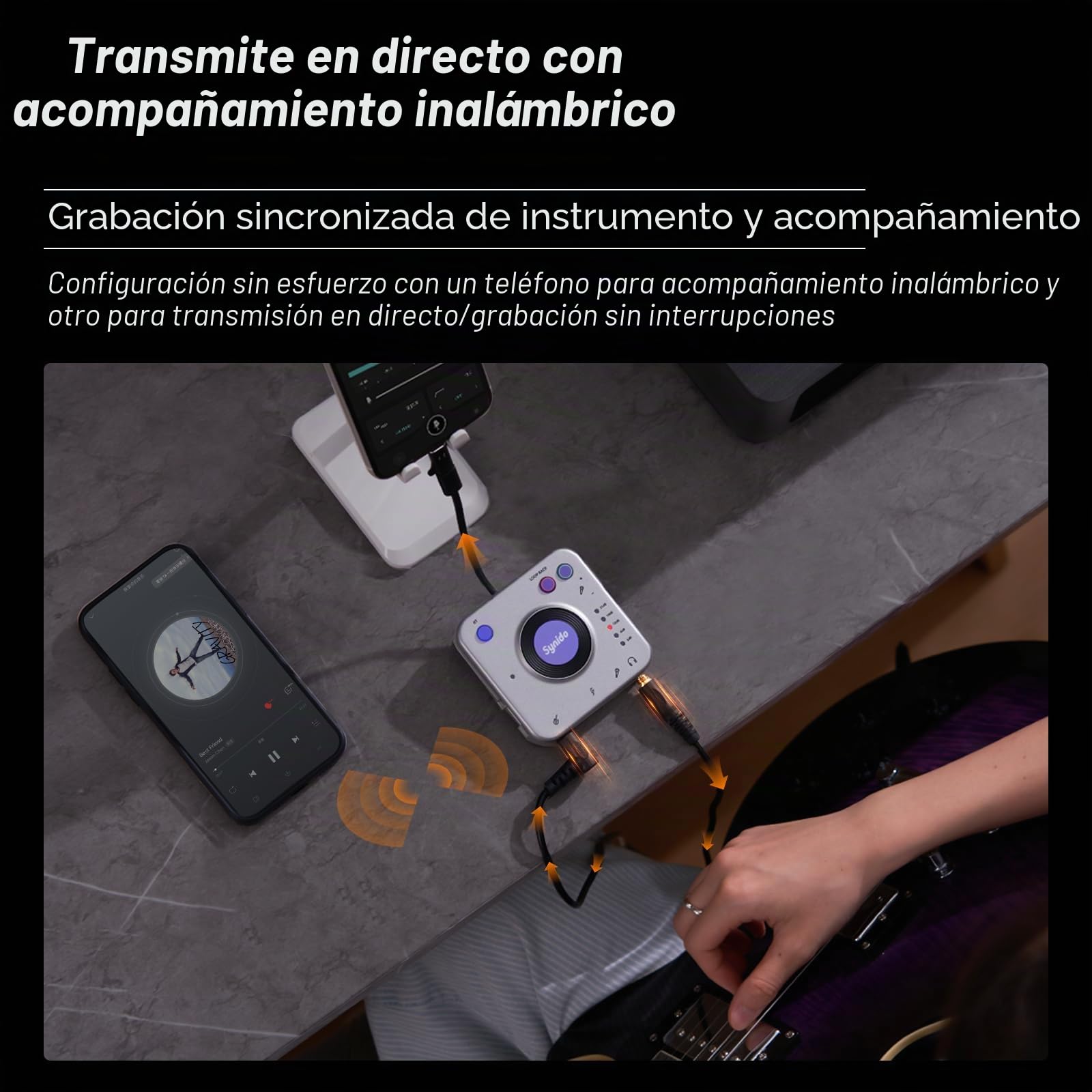 Synido Interfaz de audio portátil para guitarra, adaptador de audio de 24 bits/96 kHz con puertos USB-C, Inst./auriculares para transmisión en vivo, equipo de grabación de música para iPad/iPhone