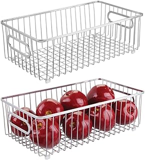 mDesign panier de rangement pour cuisine ou garde-manger (lot de 2) – corbeille en métal pour épices, condiments, oignons, etc. – panier en métal compact multi-usage avec poignées – argenté