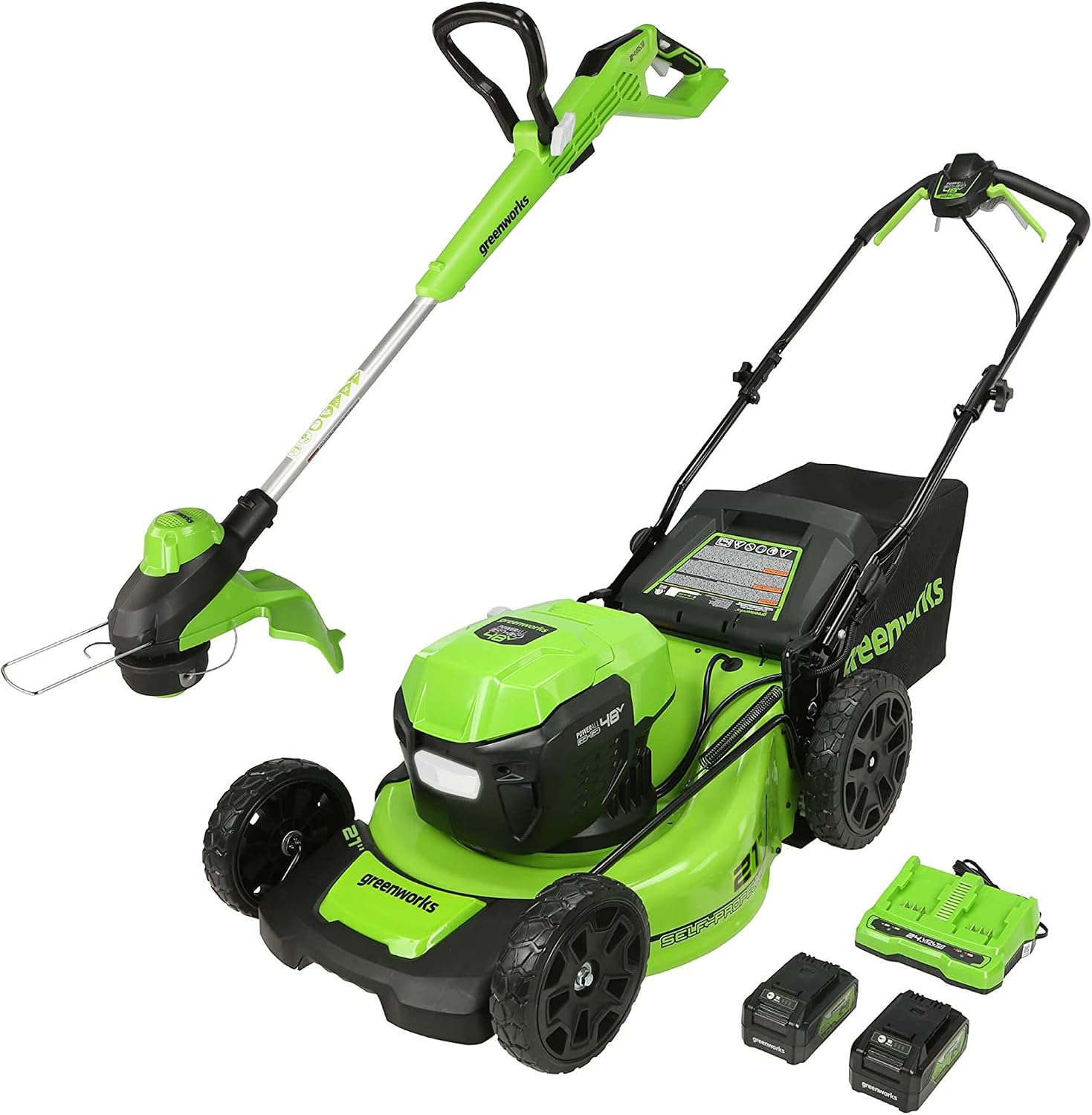 Greenworks 48V 21" Brushless Cordless Self-Propelled Electric Lawn Mower, String Trimmer, (2) 5.0Ah Batteries and Rapid Charger