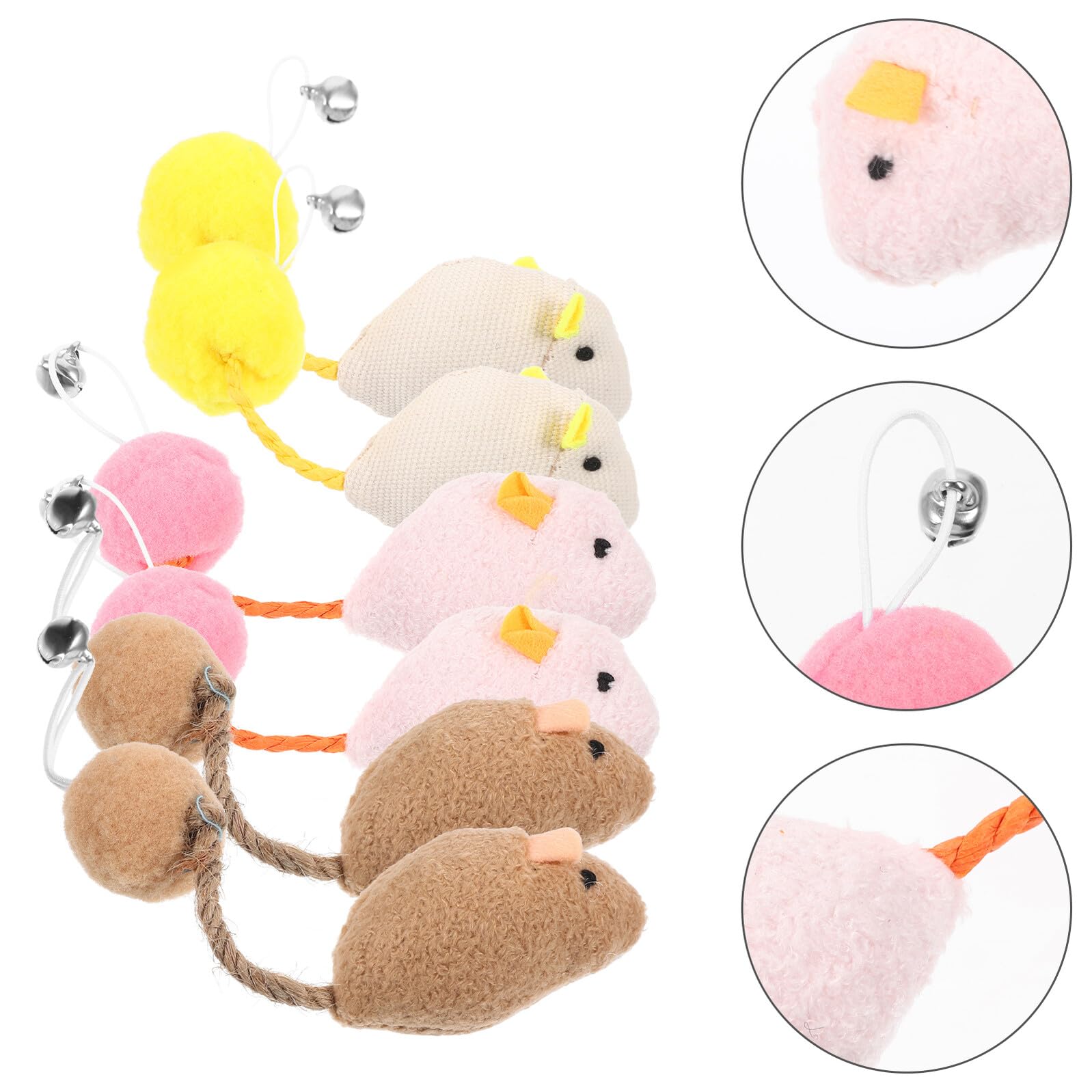 POPETPOP 6 Pièces Lot de Souris Jouets Interactifs pour Chat avec Clochette Peluche Colorée Blanc Rose Marron pour Exercice et Amusement des Chatons Intérieur