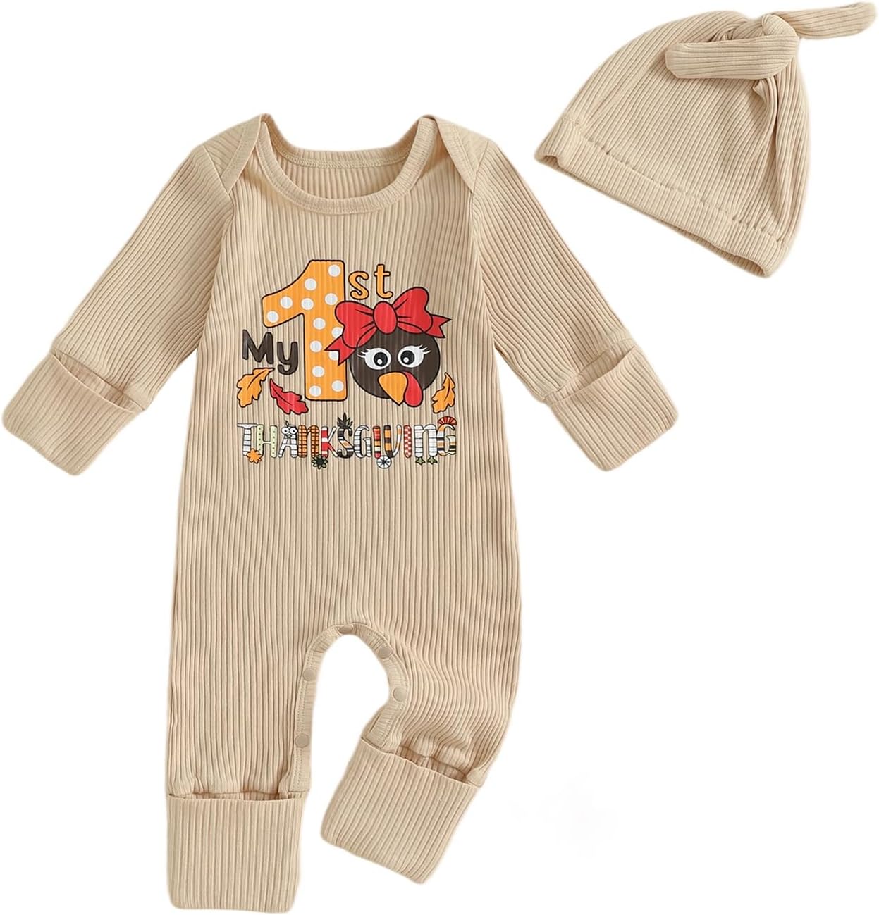 Baby Boy Girl Thanksgiving Onesie Outfit Turkey Letter Print Long Sleeve Ribbed Knit Romper and Hat 2 Pcs Clothes Set