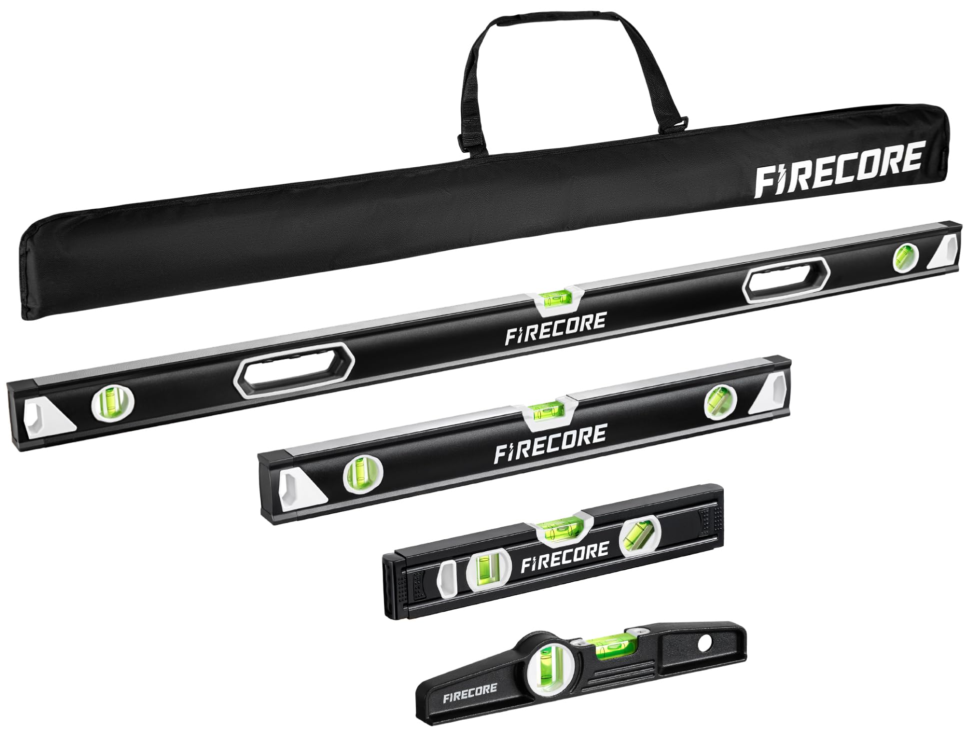 Firecore Set di 4 livelle a bolla magnetica con borsa in nylon, antiurto, in alluminio, per costruttori, fai da te, carpenteria, edilizia e miglioramento della casa, 4 pezzi (120 cm, 60 cm, 30 cm, 25