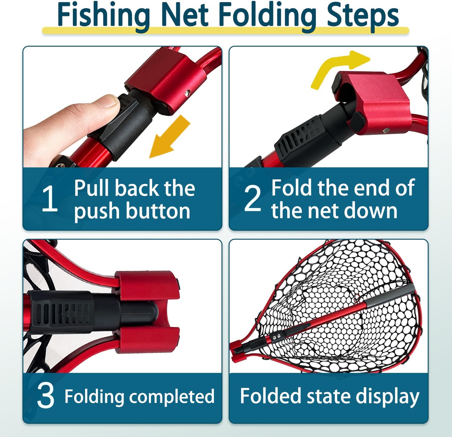 Telescoping Metal Lock Fishing Net with Handle Red Green 64" 52" Rubber Fish Net - Adjustable Length Lightweight Foldable Large Big Collapsible Extendable Fishing Net