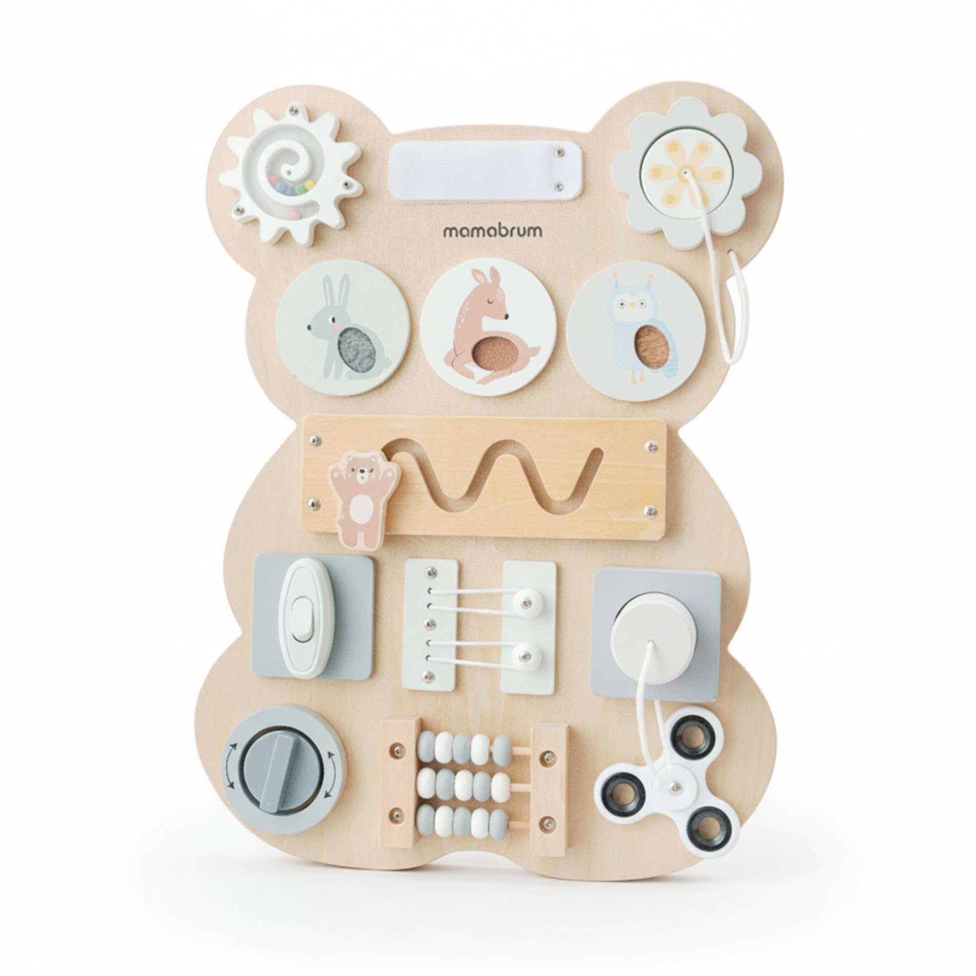 mamabrum Tabla Sensorial Montessori Oso – Juego Educativo Manipulación & Motricidad, Laberinto, Velcro, Enchufe & Botón Clic, Madera Sólida, Desarrollo Coordinación Bebés Niños