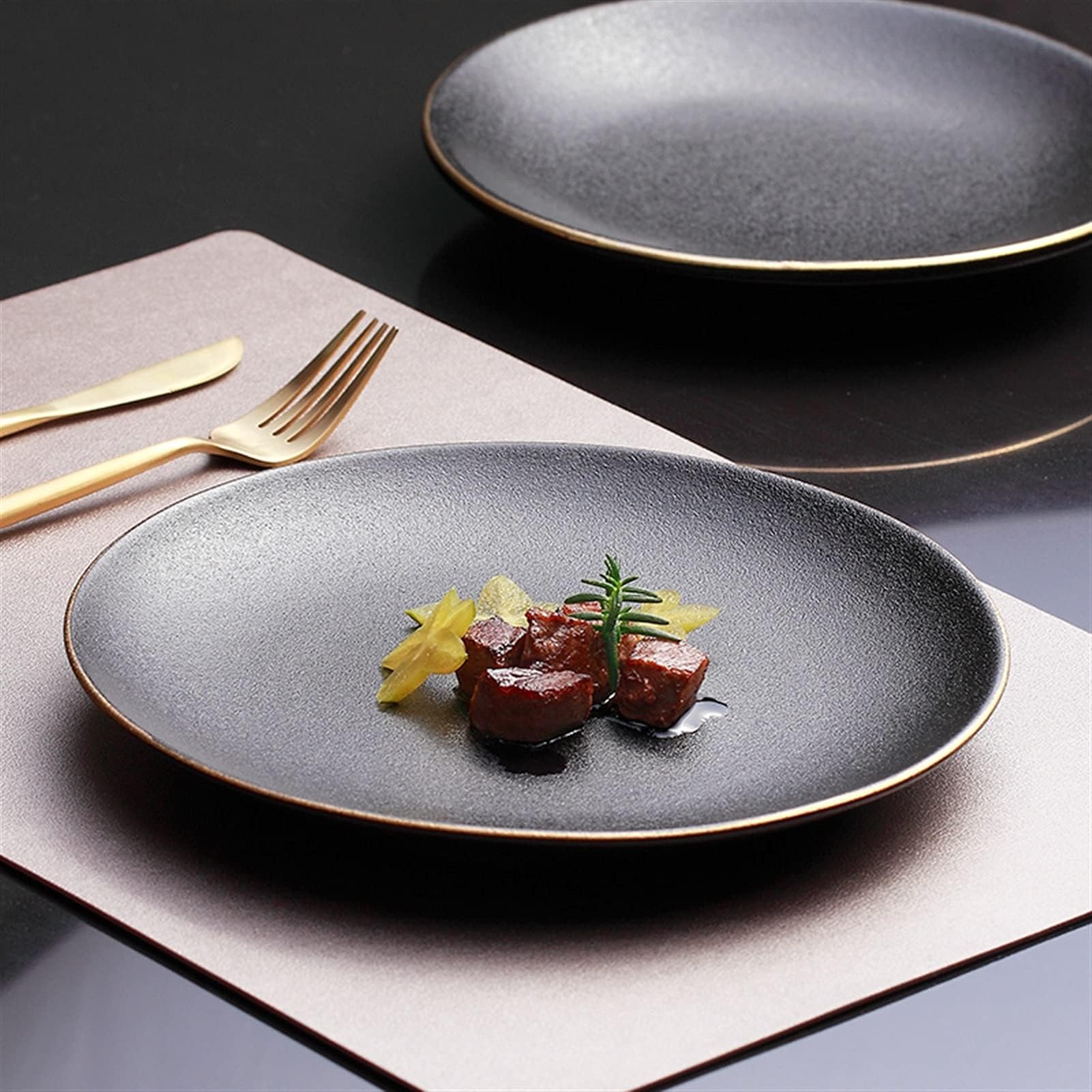 Assiette à dîner Assiette à Steak Occidentale de Style Japonais, Assiette Commerciale créative Noire givrée, Plate Ronde for la Maison, Cuisine(Black)